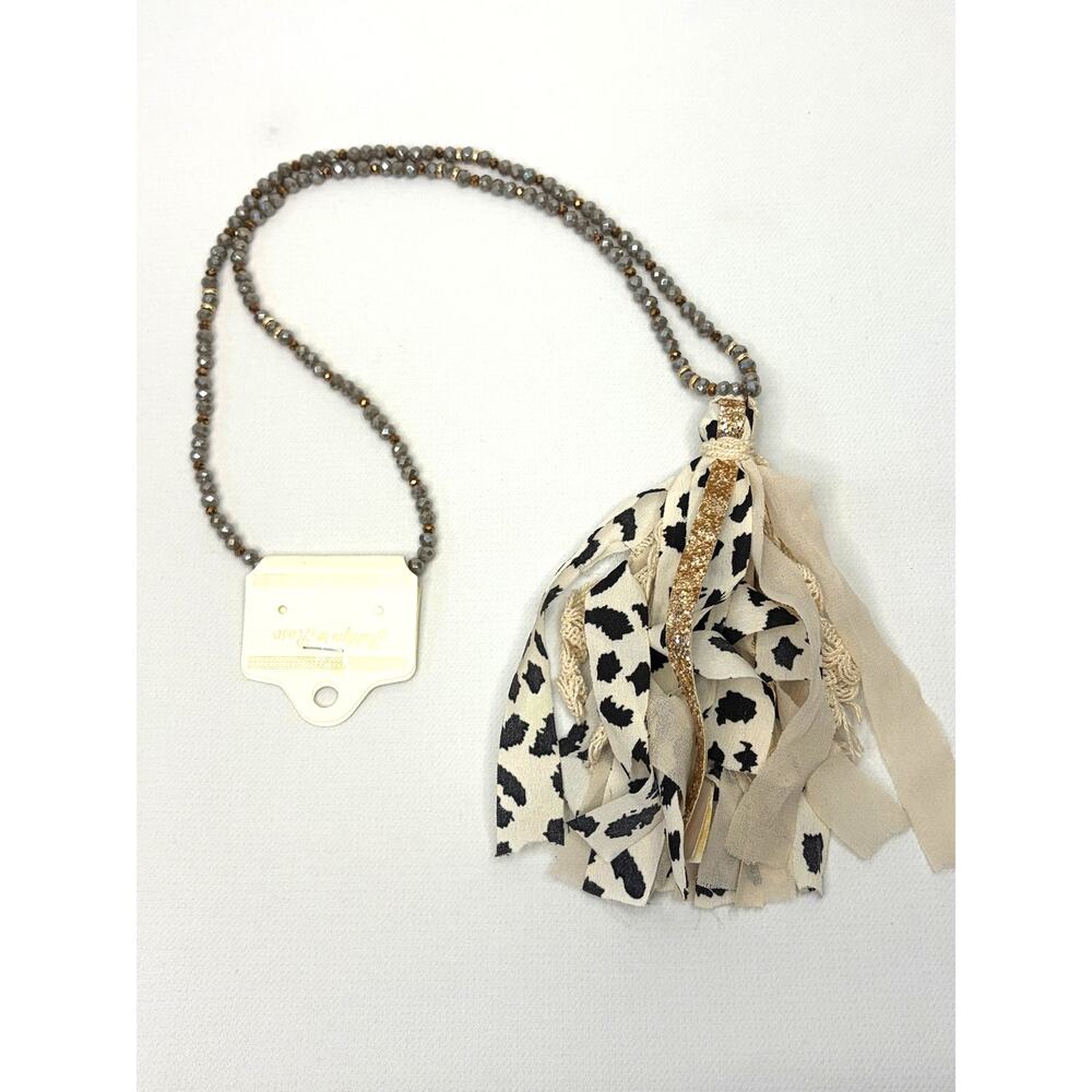 Ashlyn Rose Gray Beaded Long Necklace w Tassel Pendant Animal Print Glitter Boho